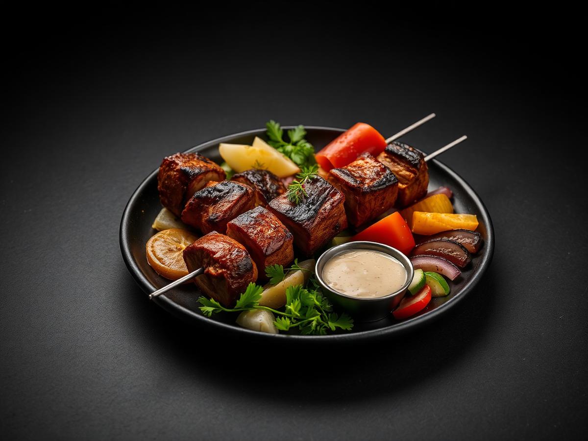 Kebabtallrik med grillat kött och grönsaker